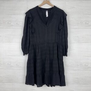 Anthropologie Tunic Tiered Mini Dress Medium Ruffle Black V Neck Babydoll Amadi